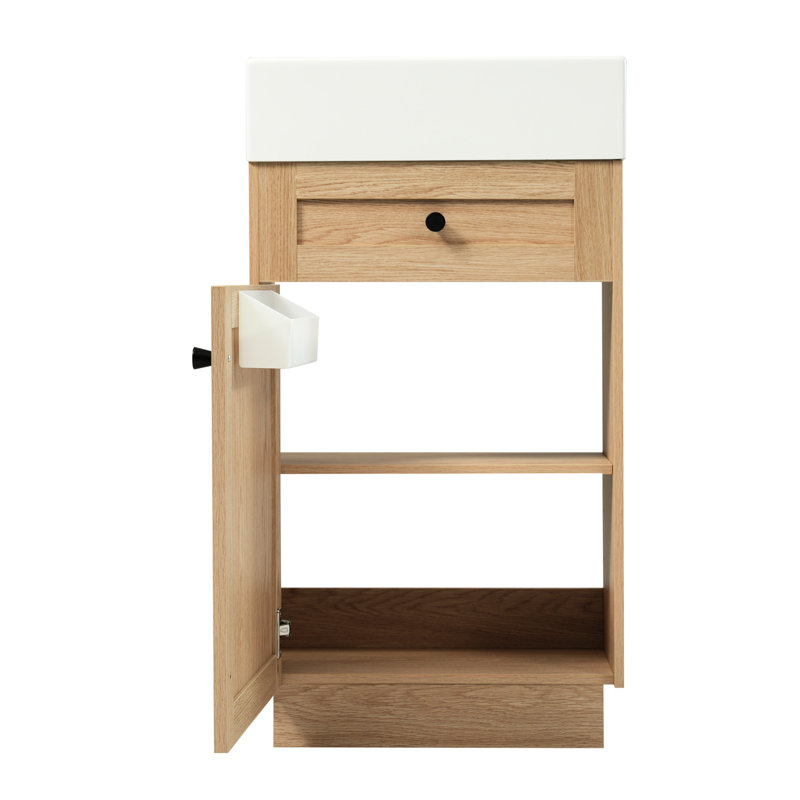 18.5" Bathroom Vanity, Rustic Style, Reversible Resin Basin, Cabinet Build, Adjustable Inner Shelf For Customized Storage Arrangement, Elegant Zinc Alloy Handles, Wood Grain Surface, Soft-Close
