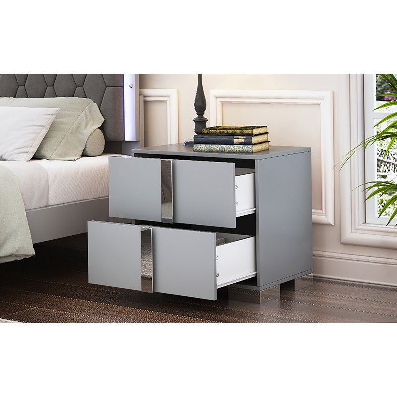Table de chevet élégante avec pied en métal et table de chevet à miroir avec 2 tiroirs, Gris