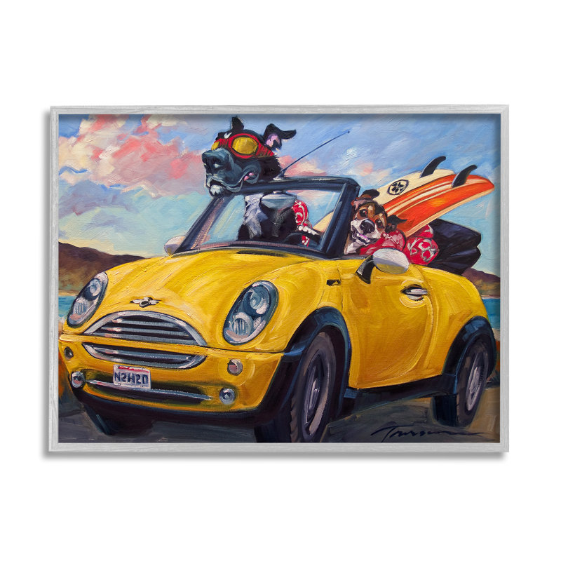 Voiture de plage convertible jaune avec chiens de compagnie par CR Townsend - Peinture, H 11 po x l 14 po x P 1,5 po