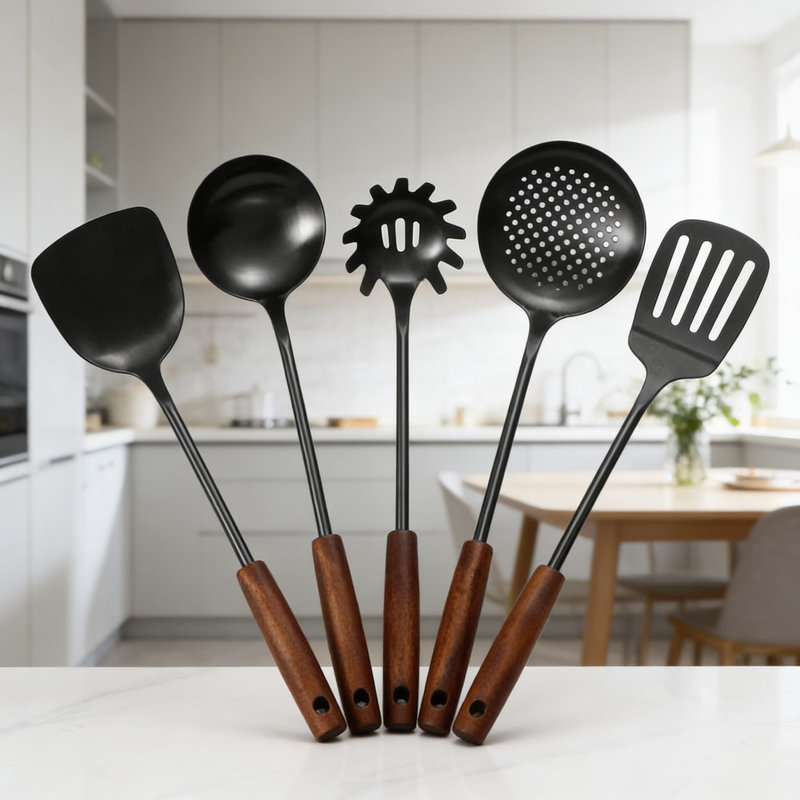 Ensemble d'ustensiles de cuisine 6 pièces en acier inoxydable avec poignée en bois, ustensiles de cuisine de qualité professionnelle 304, résistant à la chaleur, lavable au lave-vaisselle pour un nettoyage facile