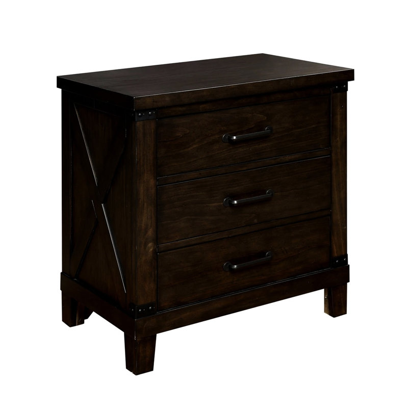 Table de chevet rustique en bois massif avec placage noyer foncé et 3 tiroirs