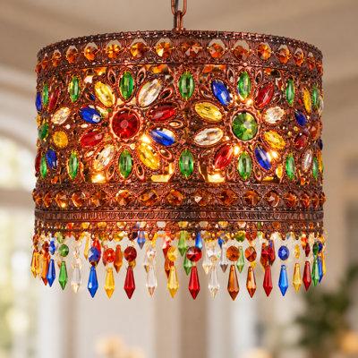 3-Light Antique Copper Cylinder Pendant Light Fixture with Colorful Crystal Accents for Dining Room, Bedroom, and Entryway
