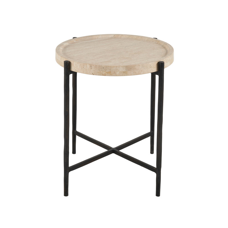 Theron Round Black and White Travertine Metal End Table