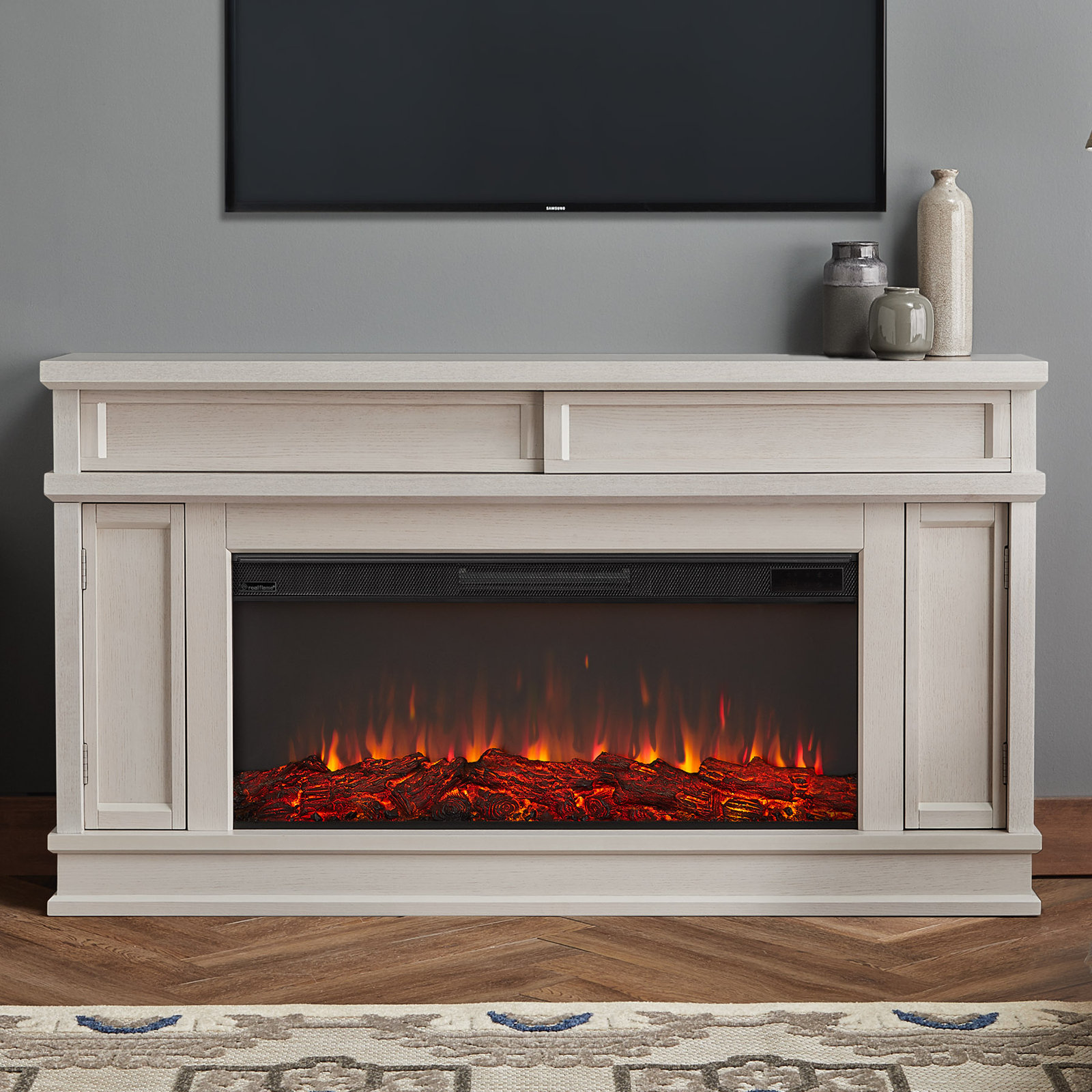 Torrey Landscape TV Stand with Electric Fireplace, Bone, Standard