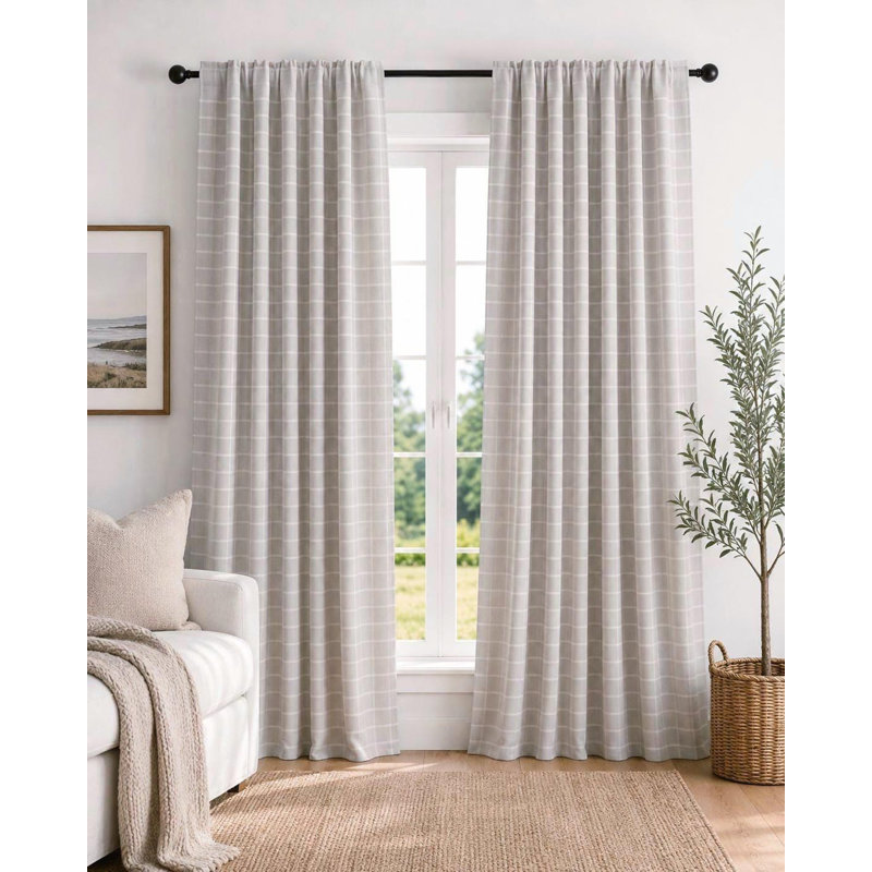 French light grey checkered slub canvas curtains, L 72 po x L 50 po