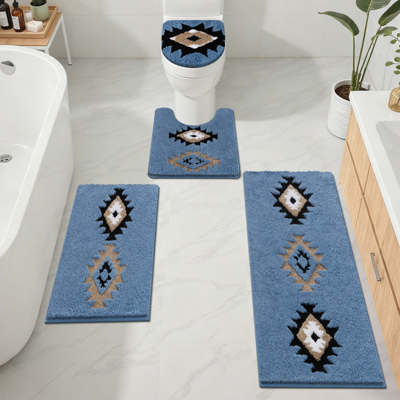 4 Piece Soft Absorbent Microfiber Bath Rug Set With Non-Slip Backing, Blue