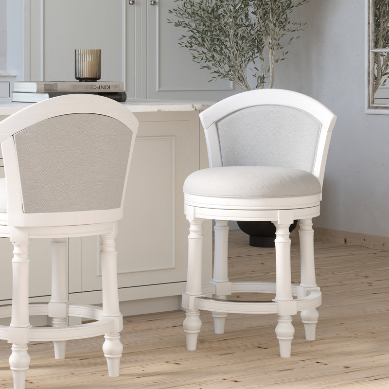 Tabouret de bar à hauteur de comptoir de 26 po, pivotant à 180 degrés, rembourré à dossier, structure blanche et tabouret pivotant à finition grise avec design, siège, dossier rembourré