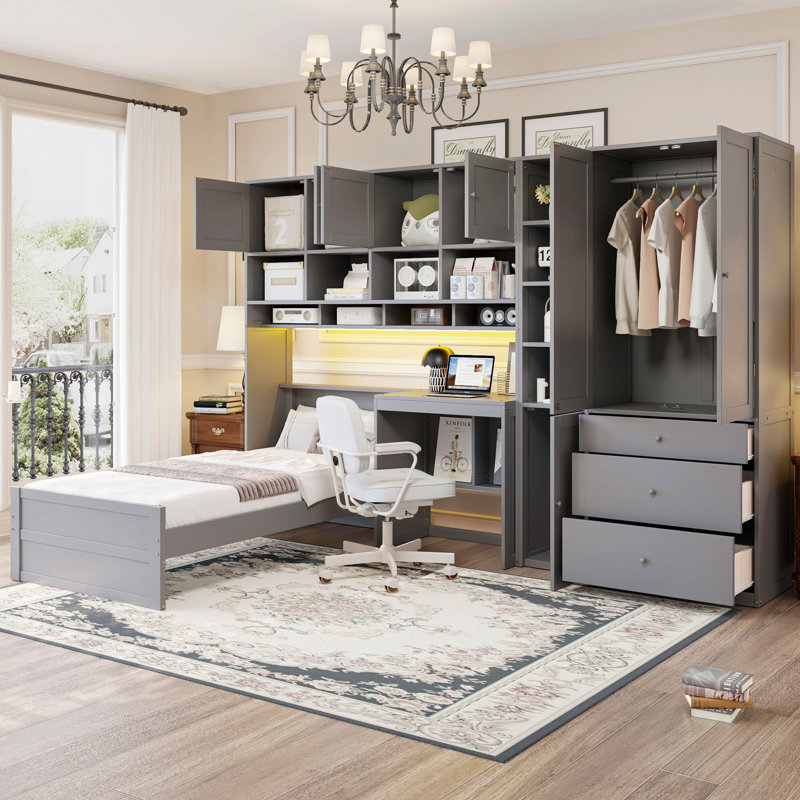 Lit plateforme simple en bois avec bureau, armoire, armoires, tiroirs et tablettes, Gris