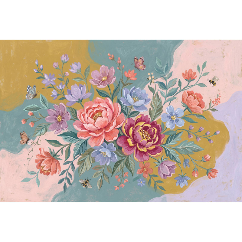 Papier peint floral Bouquet de pivoines à fond pastel amovible, 140 po x 108 po, Texturé non collé