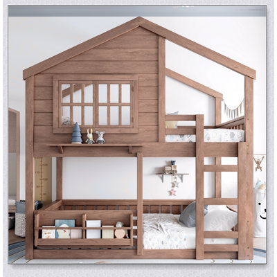 Lit superposé de style chalet avec bibliothèque et clôture de sécurité, idéal pour le jeu et le sommeil des enfants, maximise l'efficacité de l'espace