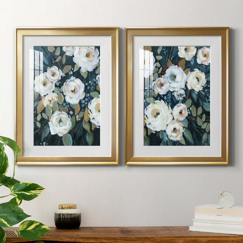 Moonlit Garden II - 2 Piece Painting, Gold Framed Paper, White, 30.5" H x 85" W x 1.5" D