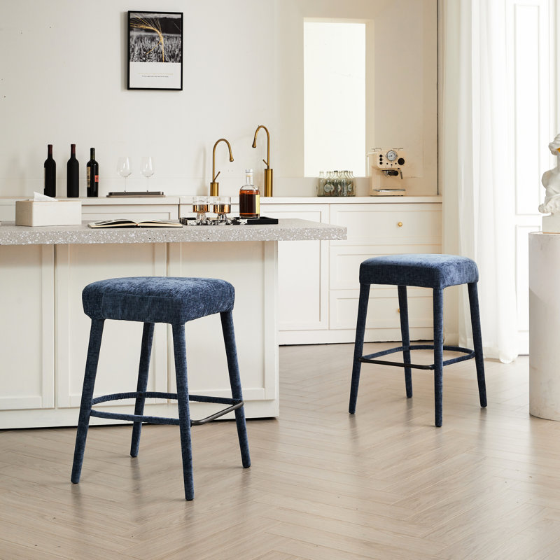 2 de tabourets de bar rembourrés bleus sans dossier, et élégants, pour un espace de travail pour la salle à manger, Bleu