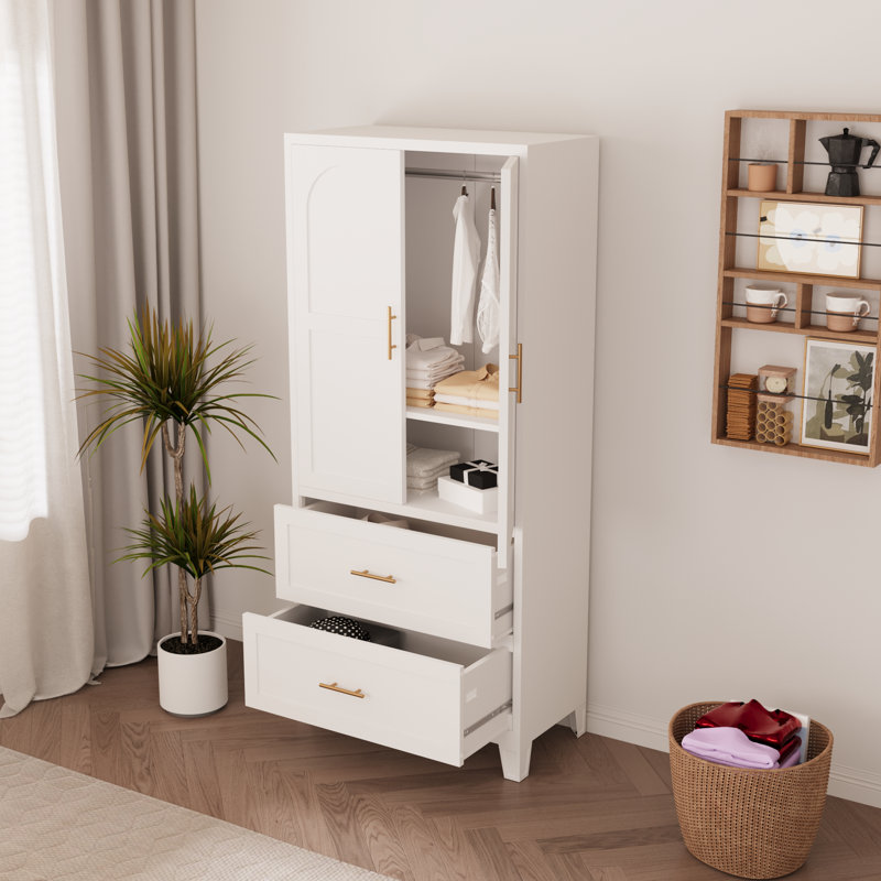 Armoire-penderie moderne en acier avec 2 tiroirs et tringle à vêtements, Blanc