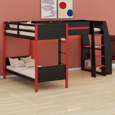 L-Shaped Bunk Bed With Gaming Loft Bed,Built-In Desk, Shelves And LED
