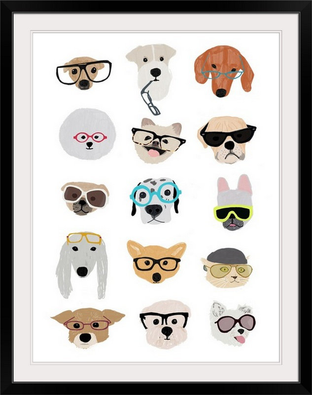 «Dogs with Glasses», impression d'art graphique Hanna Melin, Impression encadrée, H 38 po x l 31 po, Noir