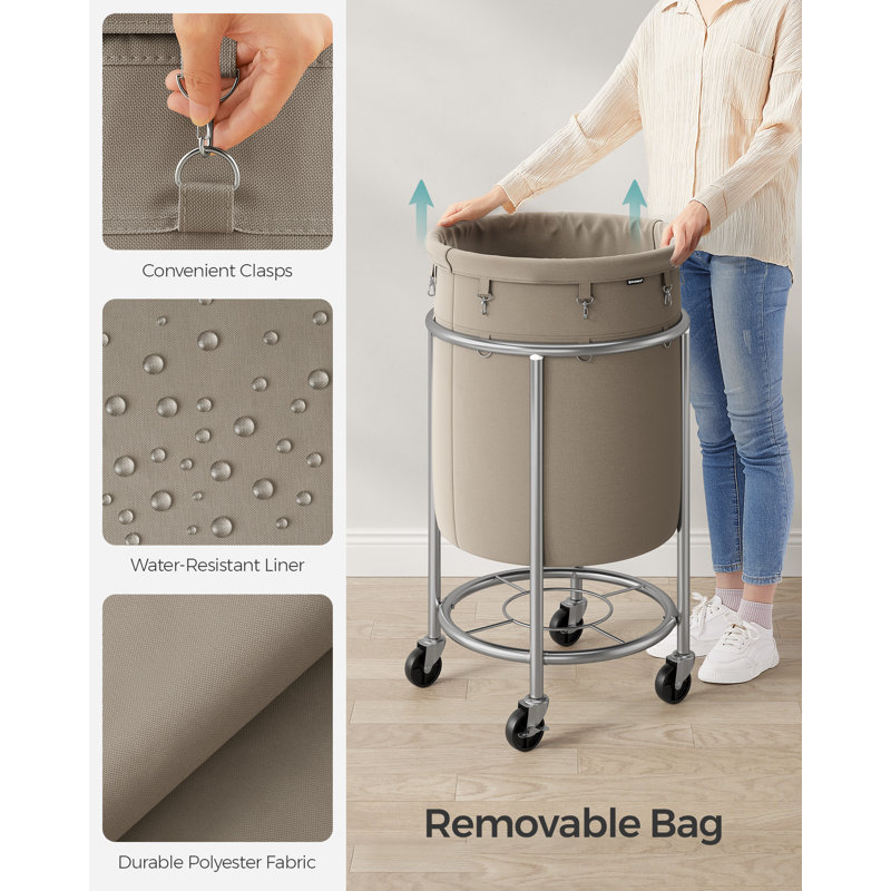 Laundry Basket With Wheels, Rolling Round Heavy-Duty Laundry Hamper Cart With Steel Frame And Removable Bag, 2 Locking Wheels