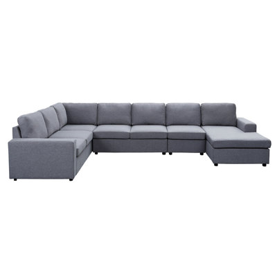Gray Linen Chaise - 7 Seat Reversible Modular Sectional, 18" Height, Foam Filled With Pocket Coils Sectional Seats In Linen, 21" Depth, Upholstery