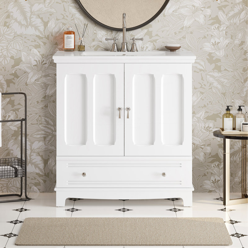 Meuble-lavabo de 30 po avec lavabo en céramique, meuble-lavabo à cadre en bois massif avec tablette réglable, tiroir avec cloison, pieds en bois massif