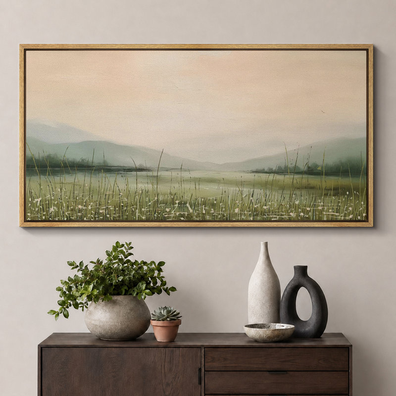 Paysage de campagne rustique avec lac tranquille et serein, H 30 po x l 60 po, Naturel