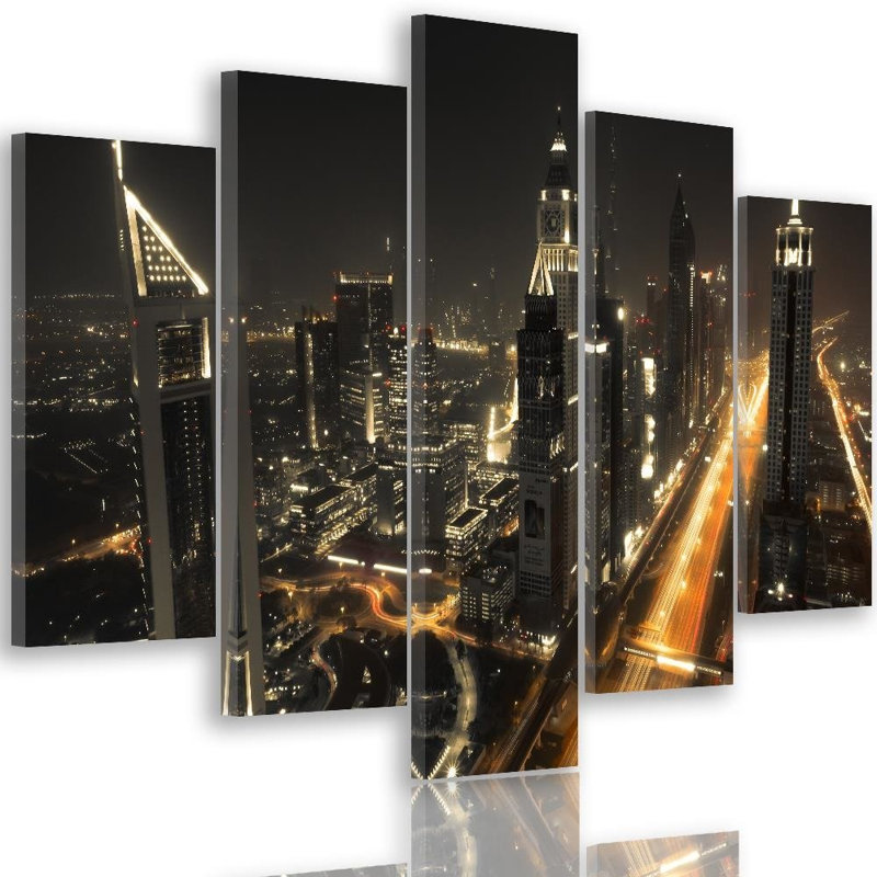 Dubai At Night City Panorama - 5 Piece Wrapped Canvas Set