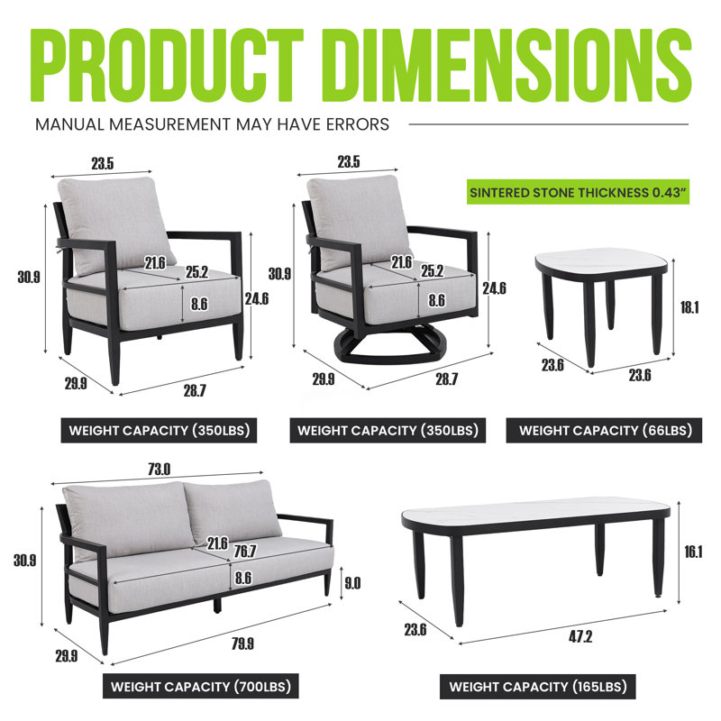 Ensemble de conversation de patio en aluminium 6 pièces avec coussins Sunbrella