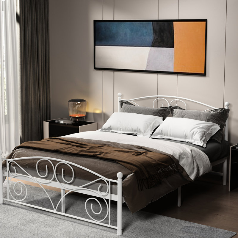 Lit en métal de taille moderne - blanc, construction solide, silencieux et stable, processus d'assemblage facile, aucun sommier requis, peut accueillir des matelas de 8 pouces et plus, capacité de poids de 600 lb