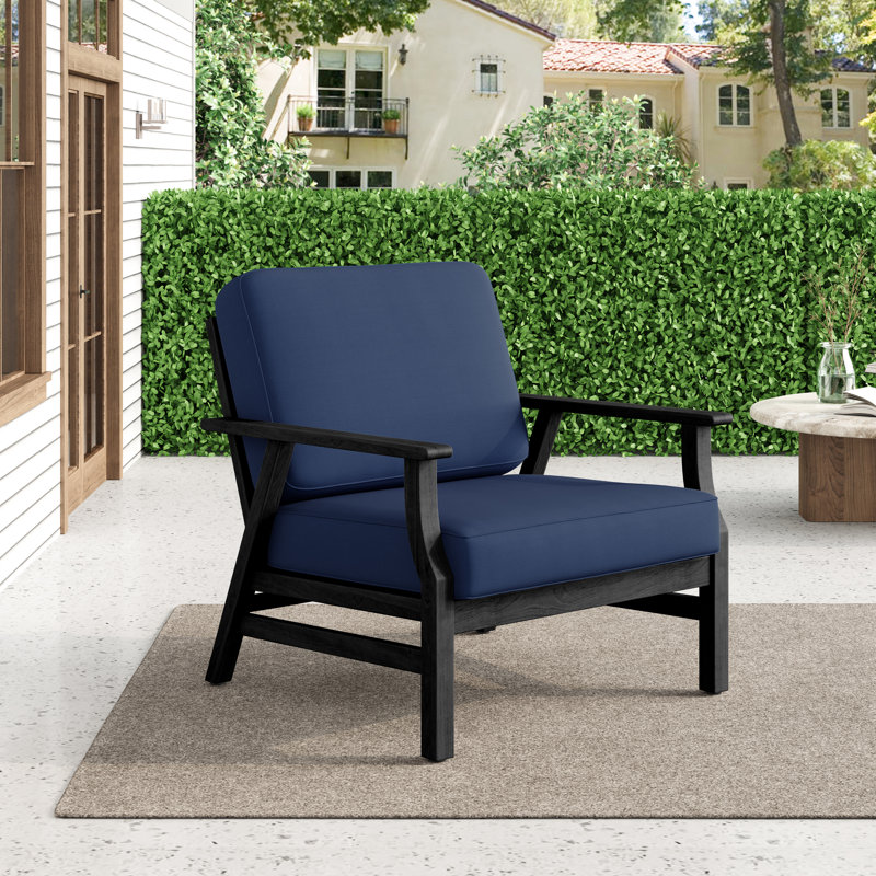 Montelongo Solid Teak Wood Outdoor Lounge Chairs With Cushions, Navy, Black