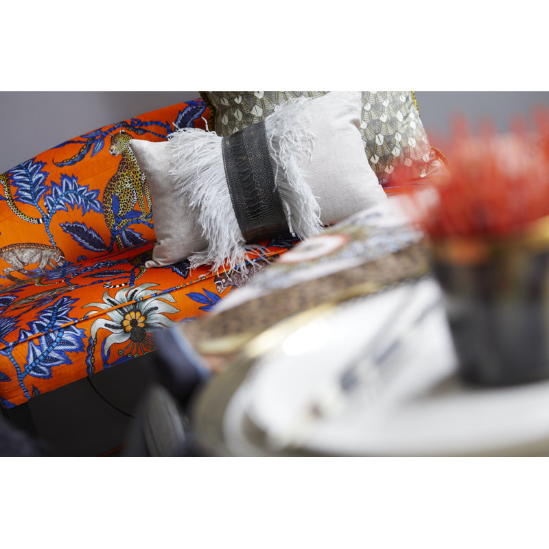 Linen Lumbar Pillow with Ostrich Feather Trim, Natural Linen/Gray Ostrich Feather
