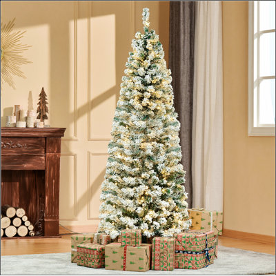 6ft Pre-Lit Snow-Flocked Slim Douglas Fir Artificial Christmas Tree with Realistic Branches, 250 LED Lights and 462 Tips