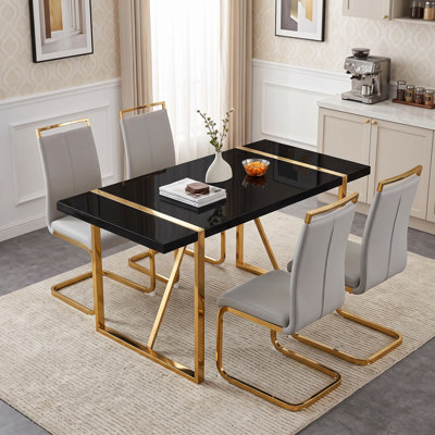 5-Piece 55" Modern Rectangular High-Gloss Dining Set with Faux Leather Chairs