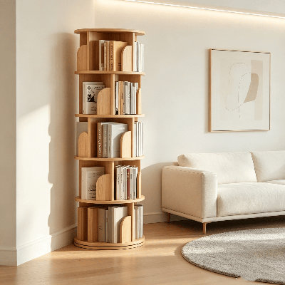 Freestanding Spinning Bookshelf, 360° Rotating Bookshelf, Corner Storage Book Rack with Drawer & Wheels, Mobile Display Rack, Rotating Corner Bookcase for Bedroom Living Room Study