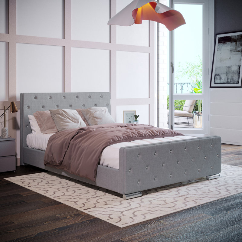 Kali Upholstered Bed, Double (4'6)	, Light Grey Linen