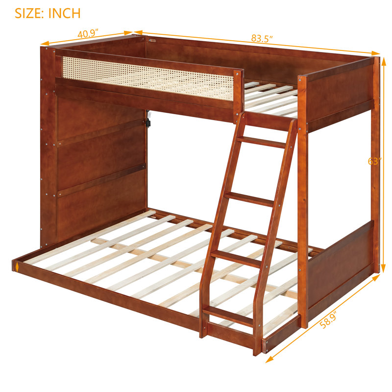 Lit superposé simple au dessus d'un lit double avec tablette de rangement et lumière DEL, cadre de lit pour enfant en bois, espresso