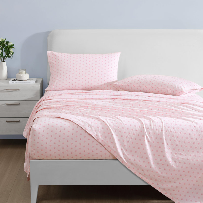 Percale Novelty 200 Thread Count Printed Cotton Sheet Set, Full Sheet Set with 2 Standard Pillowcases, Scallop Dollop Pink