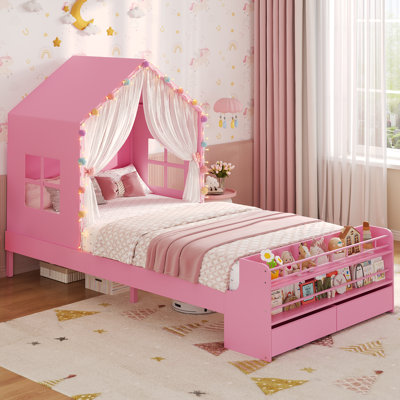 Twin Size Platform Bed Frame With 2 Storage Drawers And Open Bookshelves for Bedroom,House Bed with Roof & Window,Toddler Bed,Space Saving No Box Spring Needed, Easy Assembly