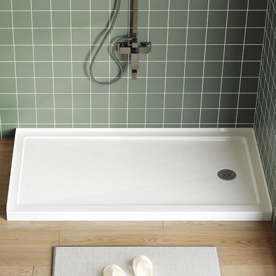 Receveur de douche 152 x 81 cm (60 x 32 po) - Bonde à droite, surface texturée antidérapante, base de douche à seuil unique en ABS avec trousse de bonde, installation facile, blanc