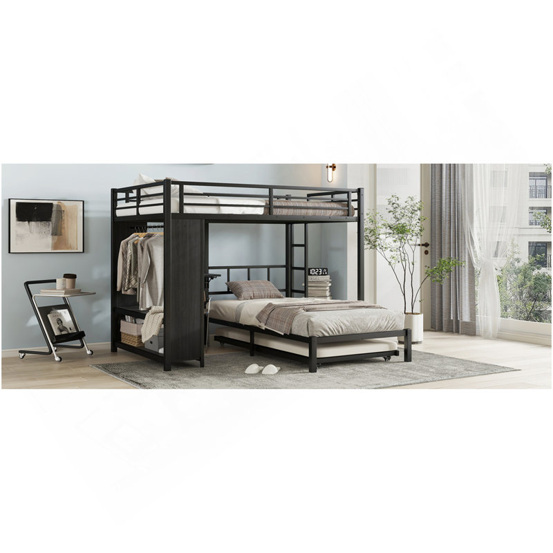 Lit superposé double au-dessus de simple avec garde-robe intégré, lit superposé en métal avec lit gigogne, bureau pliable, échelles, conception à réduction de bruit, noir