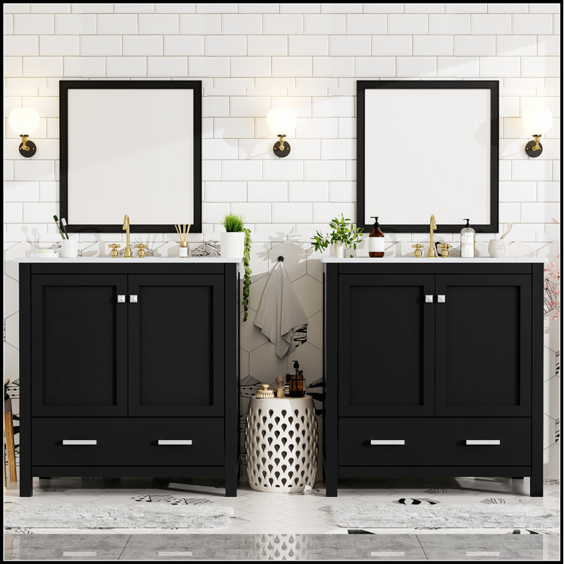 Ensemble de meuble-lavabo noir 60 po avec double meuble-lavabo, lavabos en céramique, tablette de rangement et tiroirs divisés - une solution moderne pour les salles de bain spacieuses