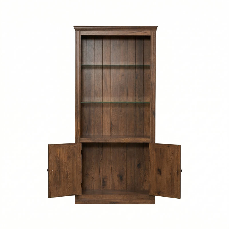 Étagère à 4 niveaux avec lumière DEL chaude, bibliothèque de ferme autoportante, tablettes en verre réglables pour la maison et le bureau