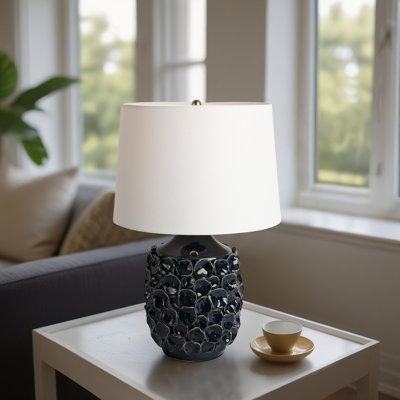 Lampe de table à disques côtiers bleu marine 25 po, céramique et lin