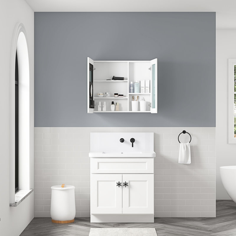 Armoire à pharmacie murale en bois d'ingénierie l 30 po x H 26 po à fixation murale pour salle de bain 2 en 1 avec maquillage et rangement pour dentifrice exfoliants