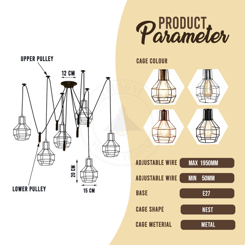 Dahill 6 - Light Cluster Pendant, No, Bushed Copper