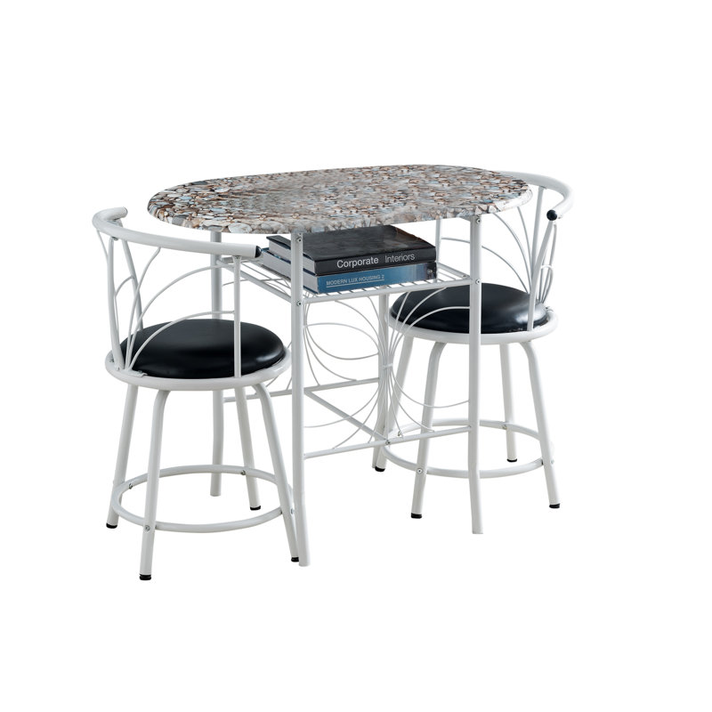 Moronta 3 Piece Dining Table Set with Cobblestone Top - Breakfast Table with 2 Chairs - 2 Seat Dining Table Set for Small Spaces - Round Table Set with Faux Marble Top