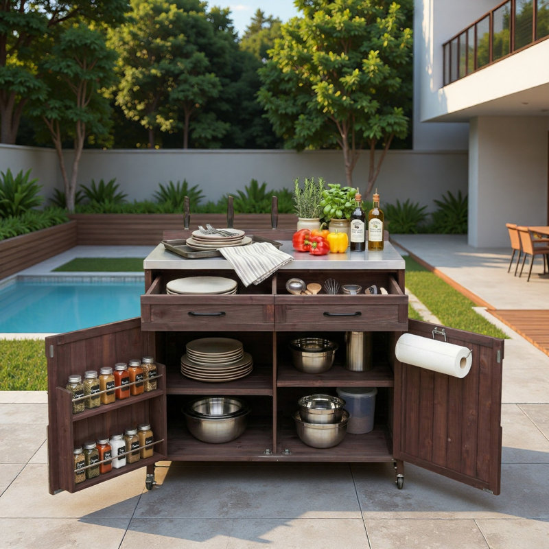 Îlot de cuisine extérieur avec plateau en acier inoxydable, grand tiroir, tablettes réglables, supports de rangement internes et 4 roulettes