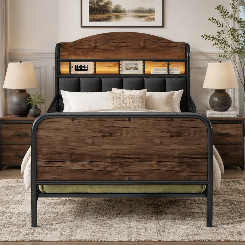 Cadre de lit plateforme en métal avec lumière DEL, tête de lit rembourrée et rangement pour enfants, Twin, Black