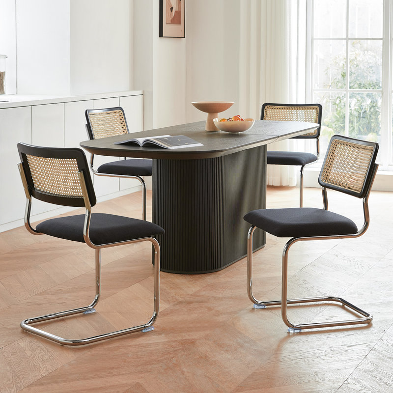 Ensemble de 4 chaises de salle à manger en rotin brun, chaises de cuisine modernes en bois de style Mid-Century, chaises de salle à manger en canne à dossier en filet, chaise Cesca avec pieds en métal chromé