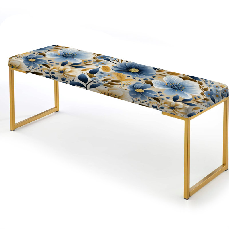 Floral Upholstered Gold Bench, Blue & Ivory Coastal Dreams Floral