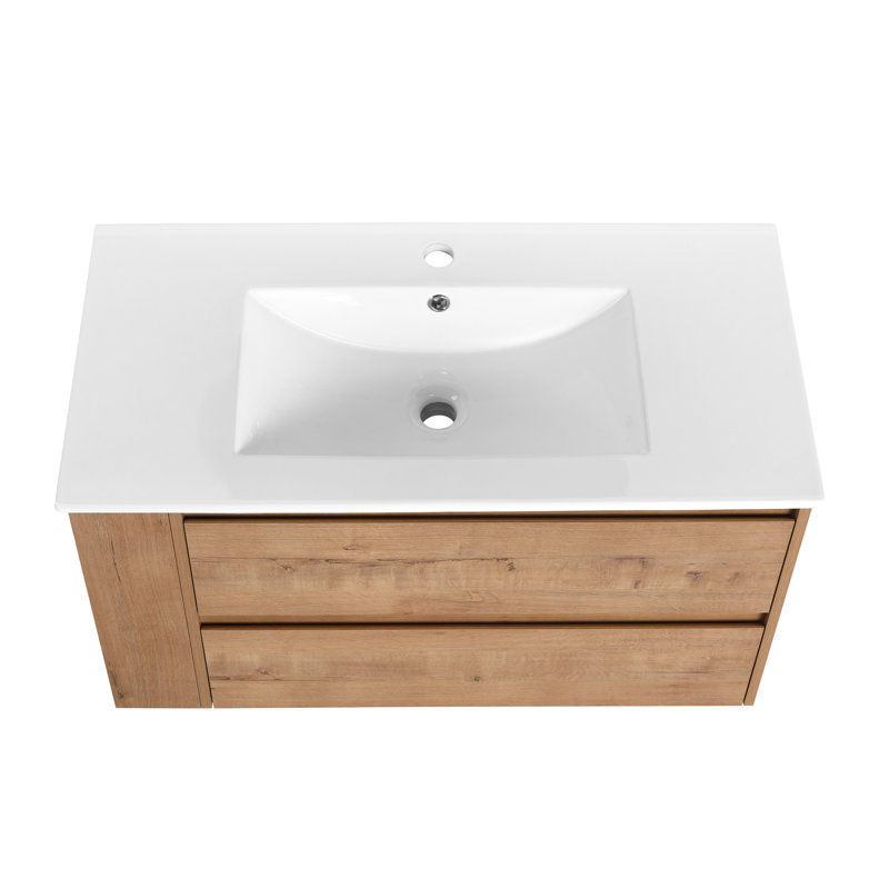 36" Wall Mounting Bathroom Vanity With Ceramic Sink, Soft Close Drawer, Imitative Oak