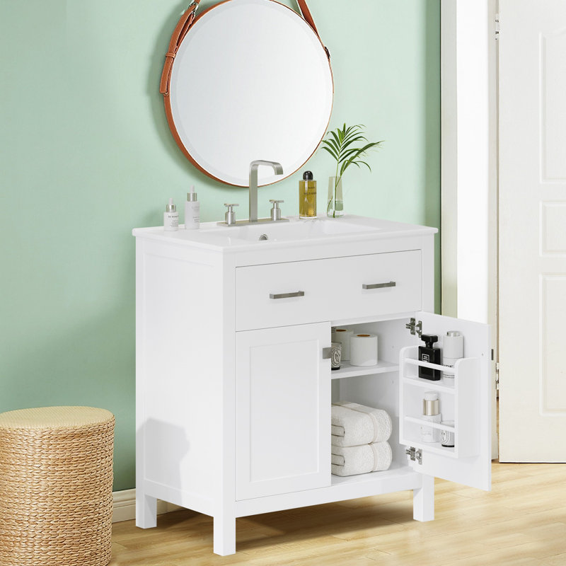 30" Bathroom Vanity With Ceramic Sink,single Bathroom Cabinet With 2 Doors And A Shelf, White, Silver