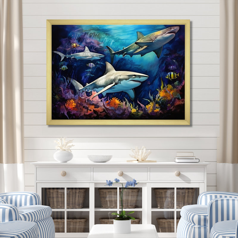 Shark Haven Under Water Painting - Shark Wall Art, 30" H x 40" W x 1.5" D, Gold Single Picture Framed
